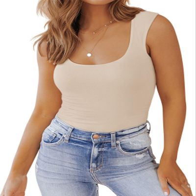 PINKMSTYLE Womens Basic Fitted Square Neck Tank Tops Double Lined Summer Tops Cute Sleeveless Shirts Cream XX-Large