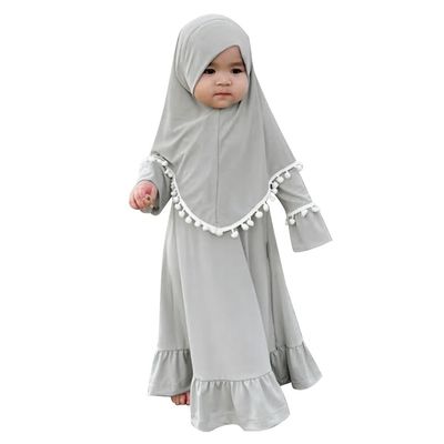 Abaya for Girls Muslim: Baby Girl Kids Muslim Dress with Hijab Scarf Two Pieces Eid Ramadan prayer clothes Dubai Islamic Arabic Kaftan Khimar Middle East Robe Silver Grey 2-3 Years