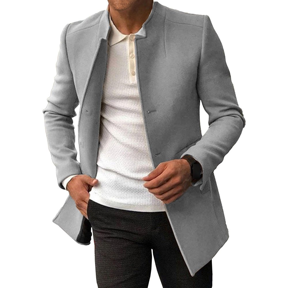 JEsilunmaMY Mens Solid Color Slim Trench Coat 3 Button Stand Collar Wool Blend Pea Coats Winter Warm Business Suit Overcoat (Light Grey,Large)