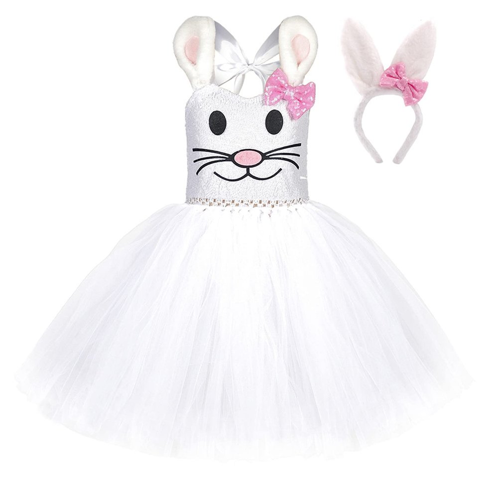 Clothes Set for Kids Party Toddler Summer Girls Clothing Easter Cute Girls Dress Party Clothes with Hair Clasp White