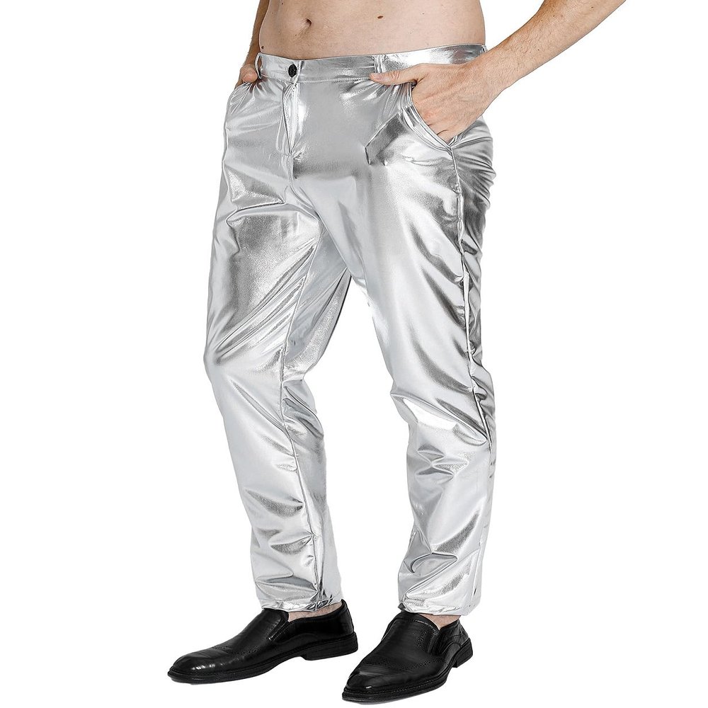 Funny World Silver Pants Men Metallic Pant Shiny Sparkle Pants Disco Outfit, Silver Metallic, 38