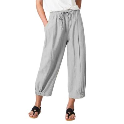 ZOCAVIA Women's Linen Cropped Pants High Waist Drawstring Lantern Tapered Harem Trousers Summer Casual Wide Leg Palazzo Pants with Pockets Grey2 3XL