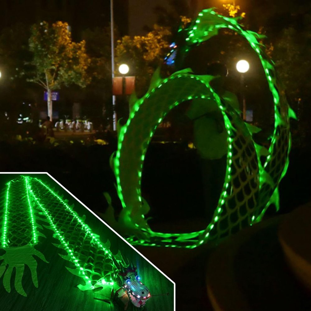 Kunovo Dragon Poi Green Light up Dragon Dance Ribbon, Washable Outdoor Fitness Dragon Poi Set with Travel Bag, Silk-Like Dragon Spinning Ribbons for Juggling (Size : 10 m (33 ft)), 58741