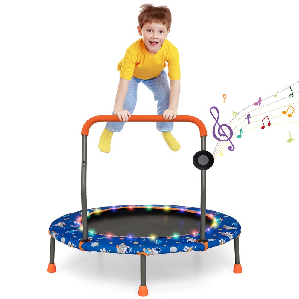 Goplus 36" Mini Trampoline for Kids, Toddler Trampoline with LED Lights, Bluetooth Speaker, Removable Handle, Safe Padded Cover, Indoor Outdoor Small Rebounder Max Load 220 LBS (Blue, Astronaut)
