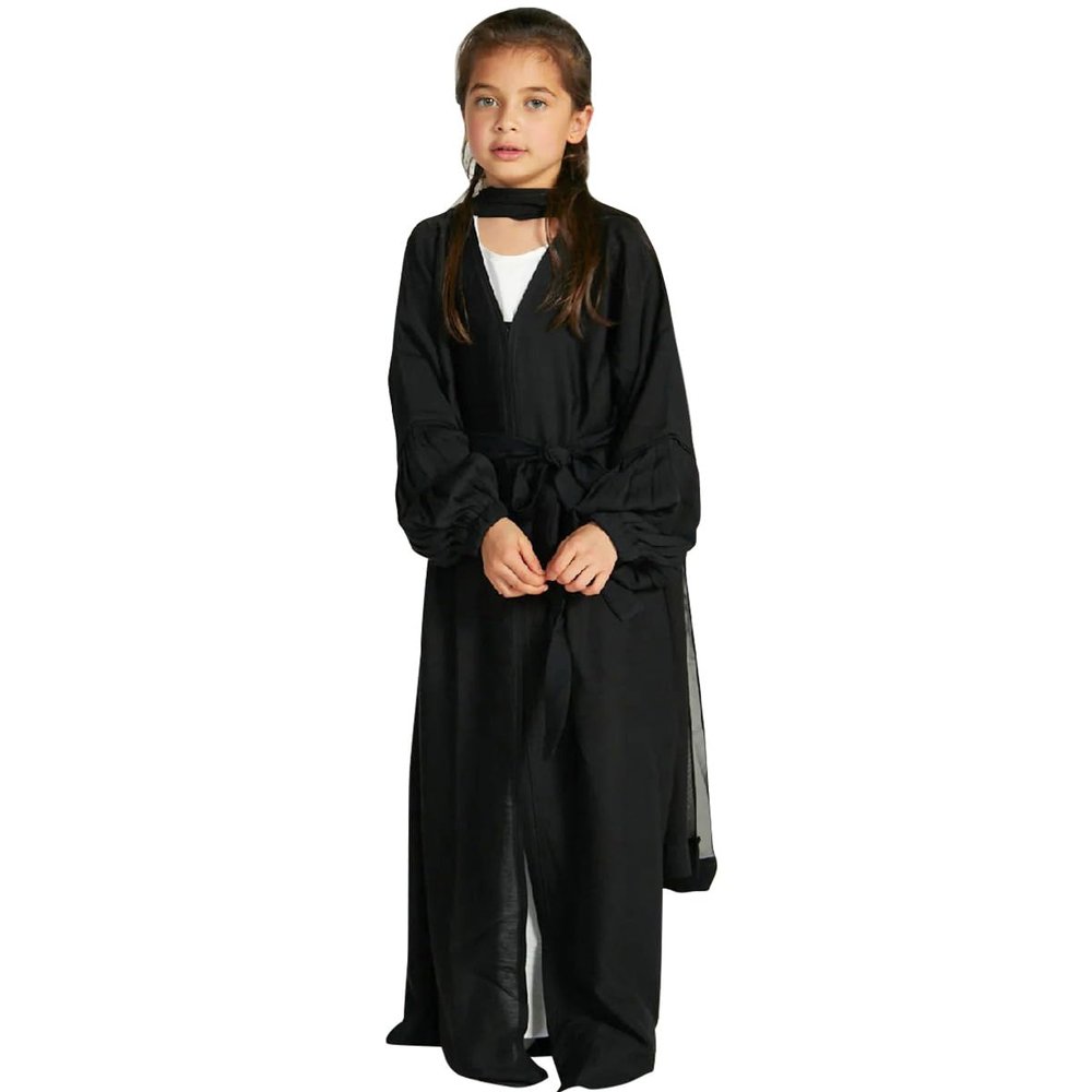 Abaya Dress for Girl Dubai: Muslim Kaftan Islamic Clothing Solid Chiffon Long Flare Sleeve Open Front Cardigan Maxi Dress Middle East Prayer Eid Ramadan Kimono Robe All Black 5-6 Years
