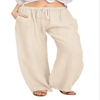 ZOCAVIA Women's Linen Flowy Wide Leg Pants Summer Casual Loose Drawstring Waist Beach Palazzo Pants Vacation Trousers Outfits for Women Solid Khaki XL