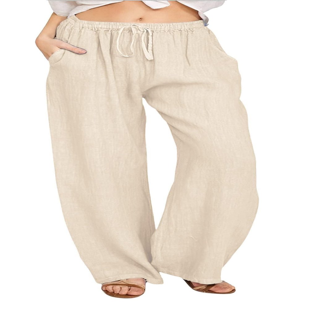 ZOCAVIA Women's Linen Flowy Wide Leg Pants Summer Casual Loose Drawstring Waist Beach Palazzo Pants Vacation Trousers Outfits for Women Solid Khaki XL