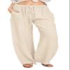 ZOCAVIA Women's Linen Flowy Wide Leg Pants Summer Casual Loose Drawstring Waist Beach Palazzo Pants Vacation Trousers Outfits for Women Solid Khaki XL view 1