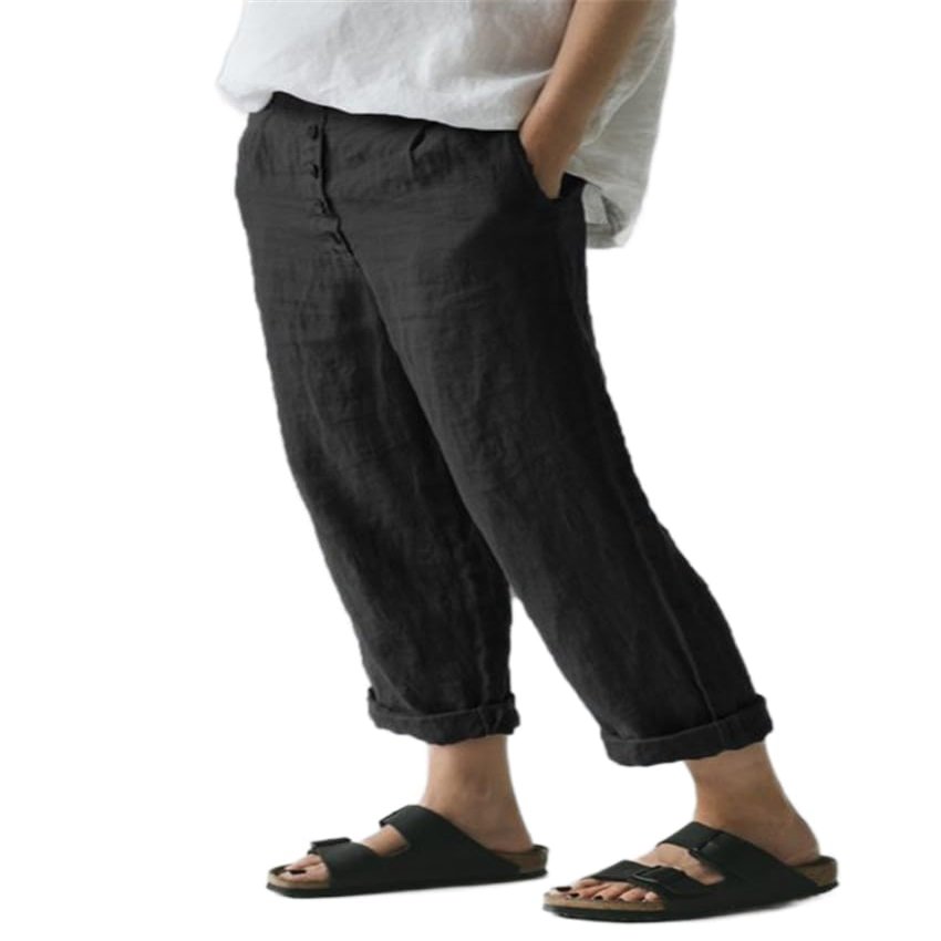 ZOCAVIA Women's Cotton Linen Cropped Pants Summer Casual Wide Leg Pants High Waisted Elastic Button Comfy Loose Beach Trousers with Pockets Black2 S