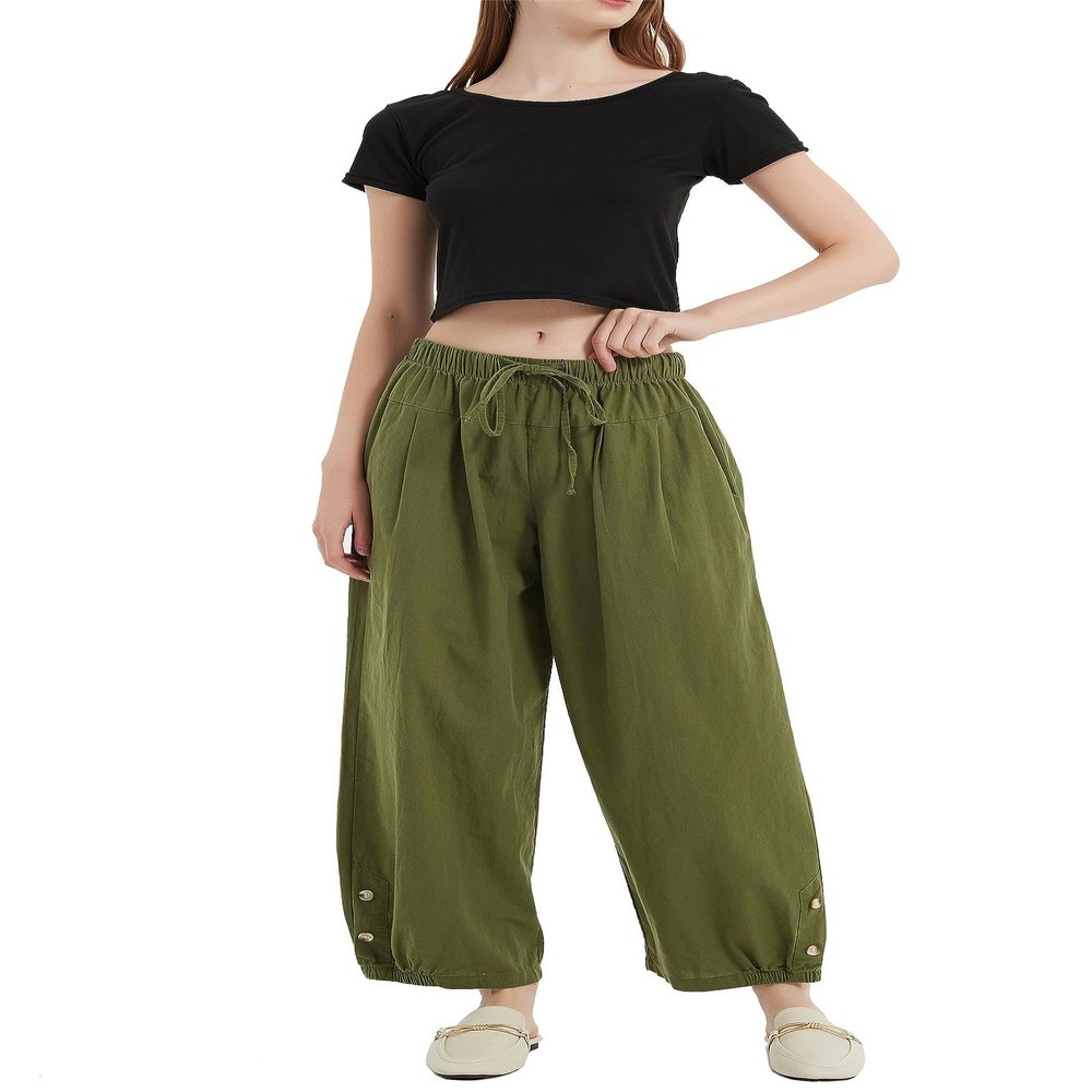 ZOCAVIA Women's Linen Cropped Pants High Waist Drawstring Lantern Tapered Harem Trousers Summer Casual Wide Leg Palazzo Pants with Pockets Army Green1 XL