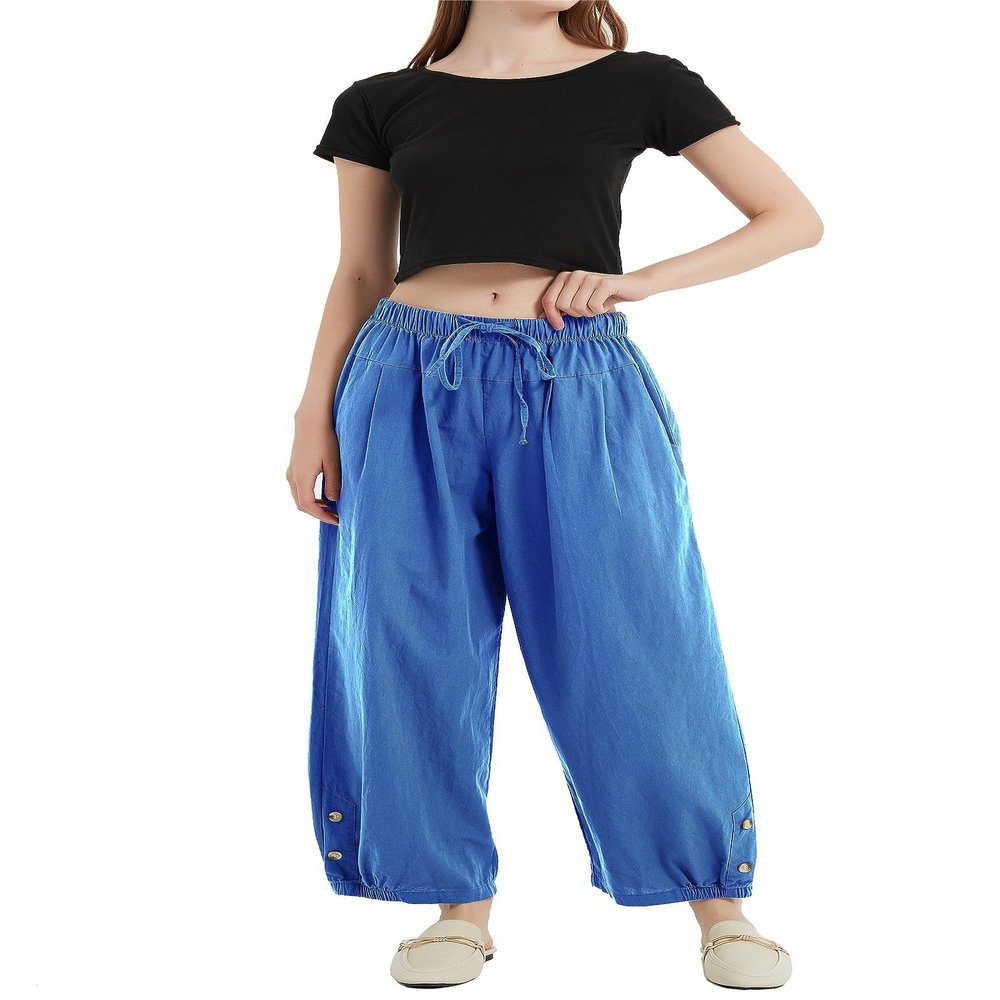 ZOCAVIA Women's Linen Cropped Pants High Waist Drawstring Lantern Tapered Harem Trousers Summer Casual Wide Leg Palazzo Pants with Pockets Blue M
