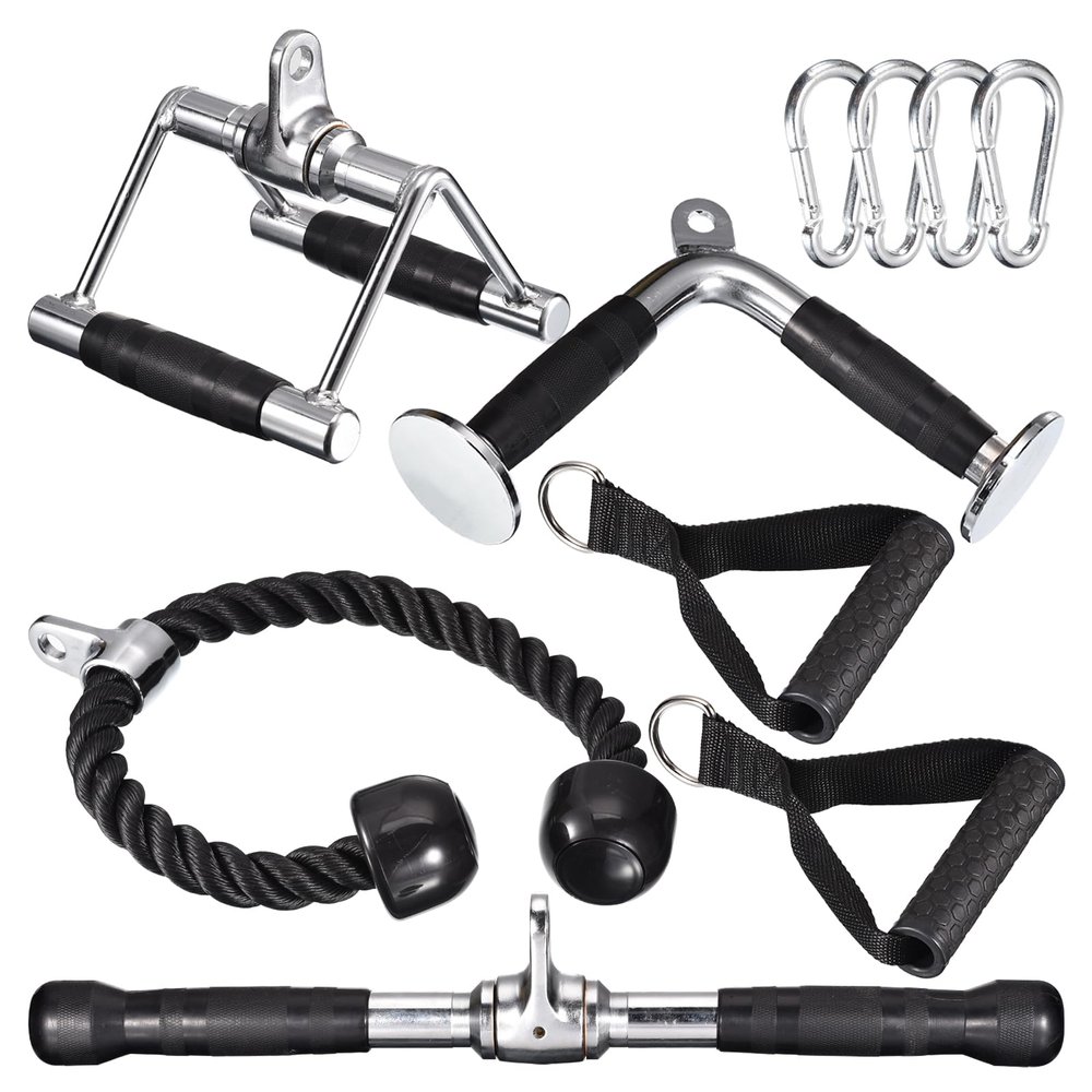 uxcell Tricep Press Down Cable Machine Attachment 1 Set, Double D Handle, V-Shaped Bar, Tricep Rope, Pull Down Straight Bar, Handles for Home Gym Accessories, Silver