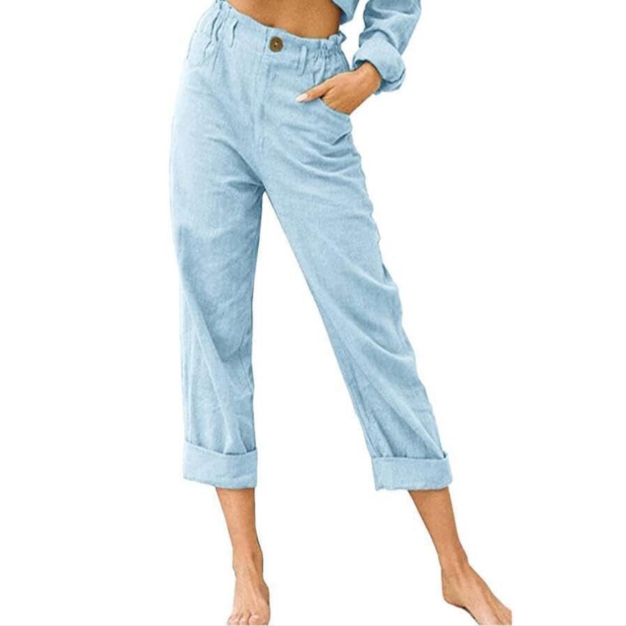 ZOCAVIA Women's Cotton Linen Cropped Pants Summer Casual Wide Leg Pants High Waisted Elastic Button Comfy Loose Beach Trousers with Pockets Blue S