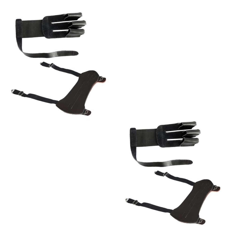 Yardwe 2pcs Finger Arrow Glove for Archery Men Protective Hunting Glove Cowhide Arm Guard Wrist Hook Loop Recurve for Men Left Right Hand Black