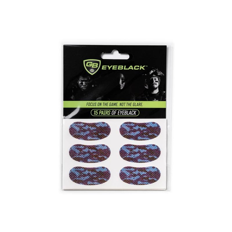 GB Eyeblack 15 Pairs Breathable Eye Strips - Peel & Stick Athletic Eyeblack Stickers for Baseball Football Softball Lacrosse Fans on Game Day | No Mess, Won't Fall Off, Worn by The Pros (Blue Camo)
