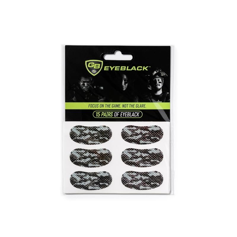 GB Eyeblack 15 Pairs Breathable Eye Strips - Peel & Stick Athletic Eyeblack Stickers for Baseball Football Softball Lacrosse Fans on Game Day | No Mess, Won't Fall Off, Worn by The Pros (Night Camo)