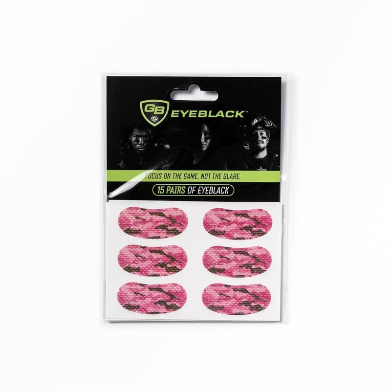 GB Eyeblack 15 Pairs Breathable Eye Strips - Peel & Stick Athletic Eyeblack Stickers for Baseball Football Softball Lacrosse Fans on Game Day | No Mess, Won't Fall Off, Worn by The Pros (Pink Camo)