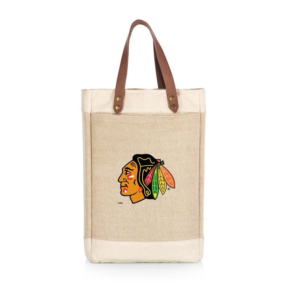 PICNIC TIME NHL Chicago Blackhawks Pinot Jute 2 Bottle Insulated Wine Bag, Wine Tote Bag, Wine Gift Bag, (Beige)
