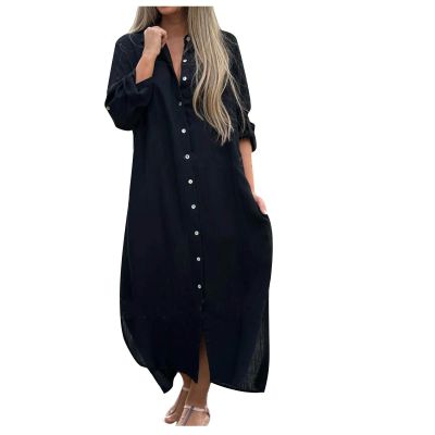 Women Summer Fashion 2024 Casual Dresses Long Sleeve Plus Size Button Down Cotton Linen Shirts Beach Flowy Maxi Dress Black