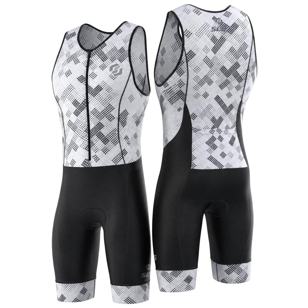 SLS3 Triathlon Suits Mens - Durable Sleeveless Tri Suit Men Triathlon Suit - Lightweight Trisuit with 2 Pockets for Storage (White Fractal, Small)