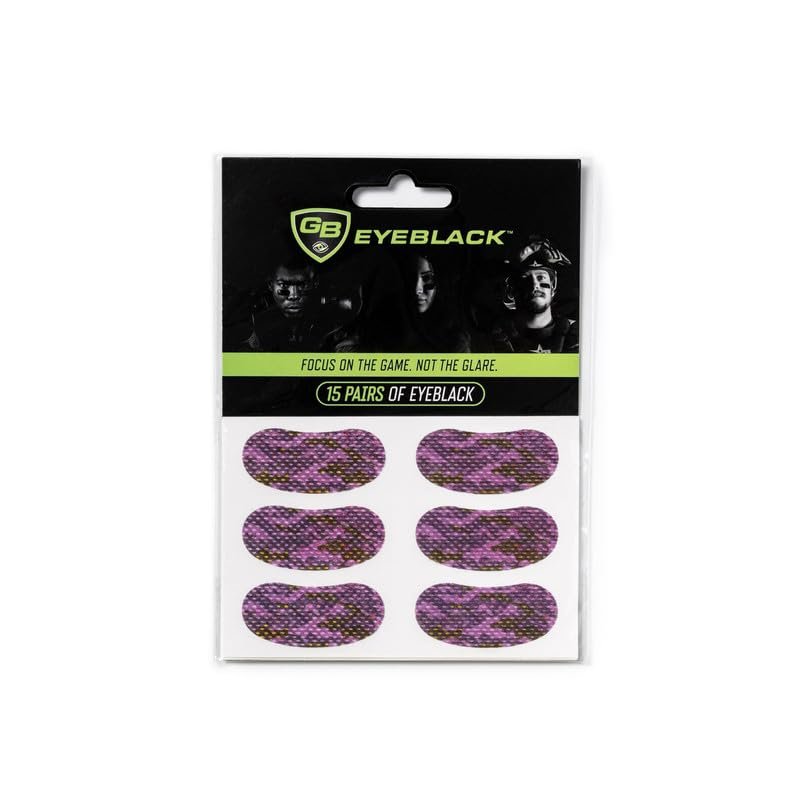 GB Eyeblack 15 Pairs Breathable Eye Strips - Peel & Stick Athletic Eyeblack Stickers for Baseball Football Softball Lacrosse Fans on Game Day | No Mess, Won't Fall Off, Worn by The Pros (Purple Camo)
