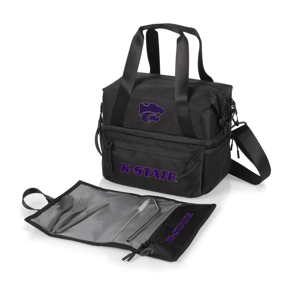 PICNIC TIME NCAA Kansas State Wildcats Tarana Lunch Bag Cooler with Utensils Made from Recycled Material, Lunch Box with Picnic Set, Upcycled Lunch Cooler Bag, (Carbon Black)