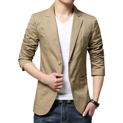 Men's Lightweight Cotton Slim Suit Jacket Two Button Wash Casual Sport Coats Business Formal Blazer Dress Coat (Khaki,4X-Large)