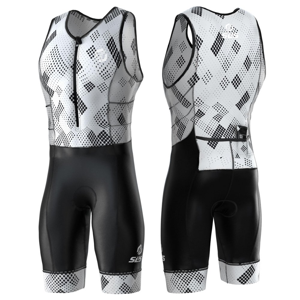 SLS3 Triathlon Suits Mens - Durable Sleeveless Tri Suit Men Triathlon Suit - Lightweight Trisuit with 2 Pockets for Storage (White Fractal, Large)