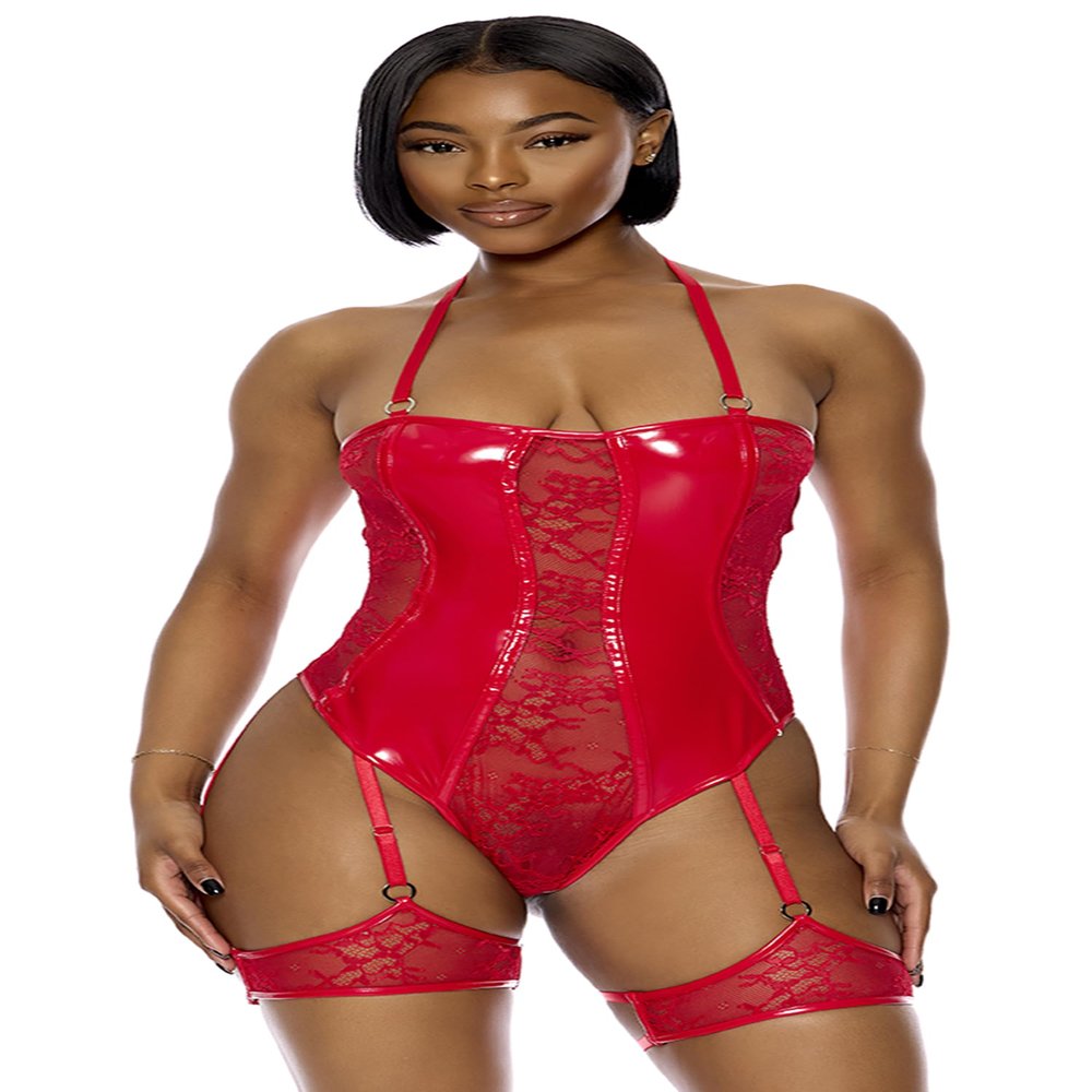 Perfect Pair Vinyl and Lace Teddy Forplay Women's, Red, M