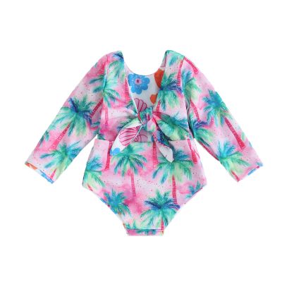 Toddler Infant Baby Girl Swimsuit Long Sleeve Rash Guard One-Piece Floral Bathing Suit Reversible Beach Wear (Pink-Coconut Tree, 12-18 Months)