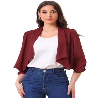 Allegra K Summer Chiffon Bolero Shrug Blazer for Women's 3/4 Ruched Sleeve Shawl Lapel Thin Lightweight Open Front Cardigans X-Small Wine Red