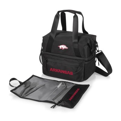 PICNIC TIME NCAA Arkansas Razorbacks Tarana Lunch Bag Cooler with Utensils made from Recycled Material, Lunch Box with Picnic Set, Upcycled Lunch Cooler Bag, (Carbon Black)