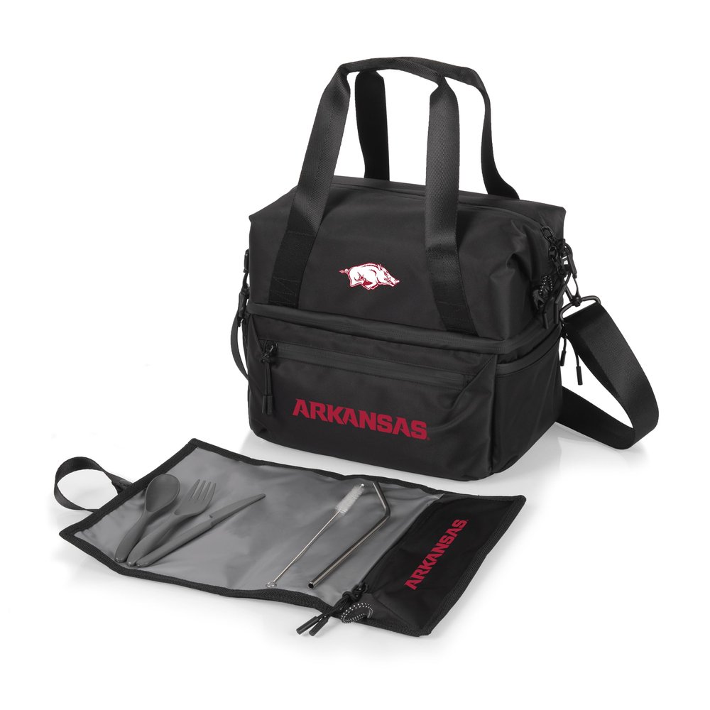 PICNIC TIME NCAA Arkansas Razorbacks Tarana Lunch Bag Cooler with Utensils made from Recycled Material, Lunch Box with Picnic Set, Upcycled Lunch Cooler Bag, (Carbon Black)