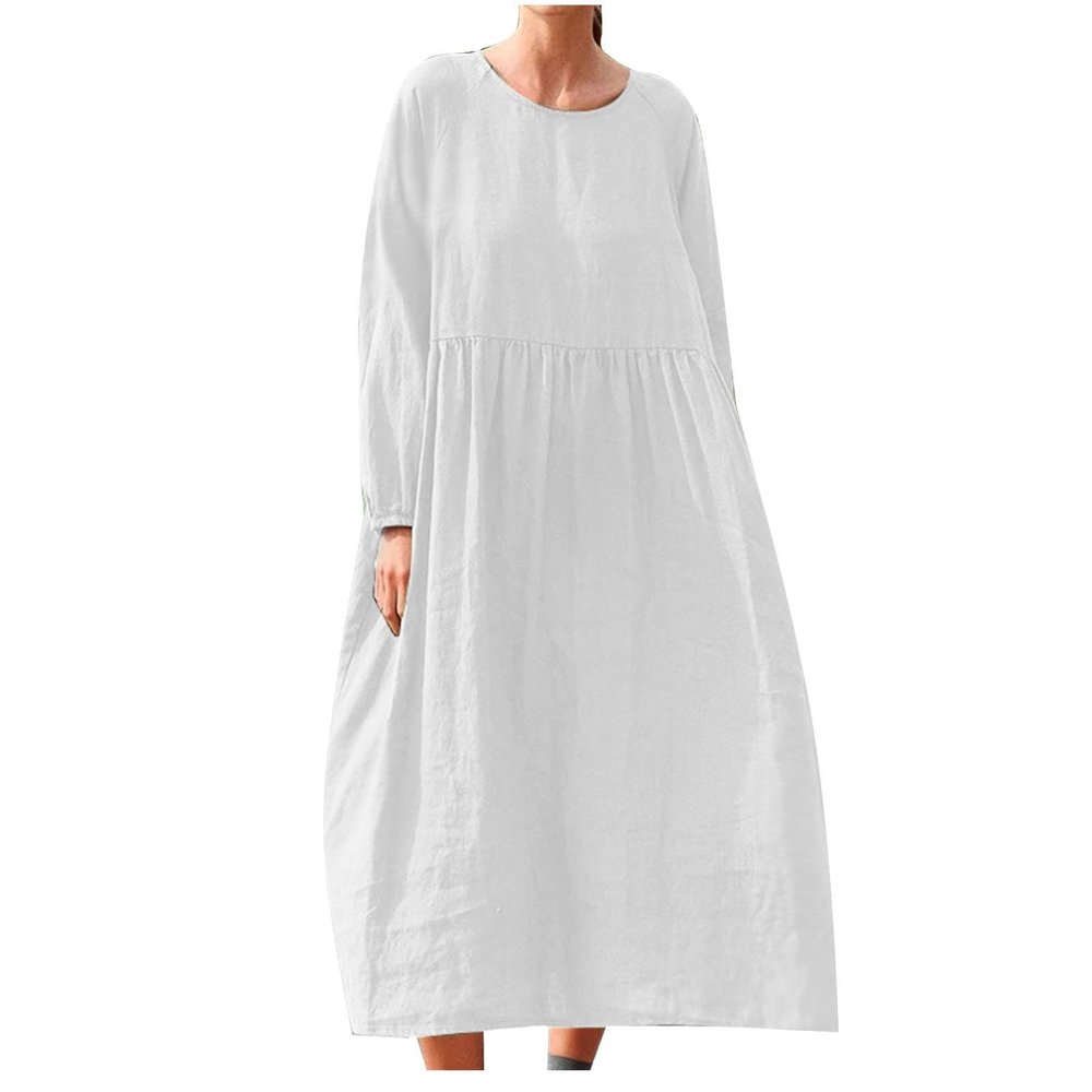 Womens Summer Casual Dresses Plus Size Long Sleeve Crewneck Cotton Linen Shirts Oversized Flowy Beach Maxi Long Dresses White