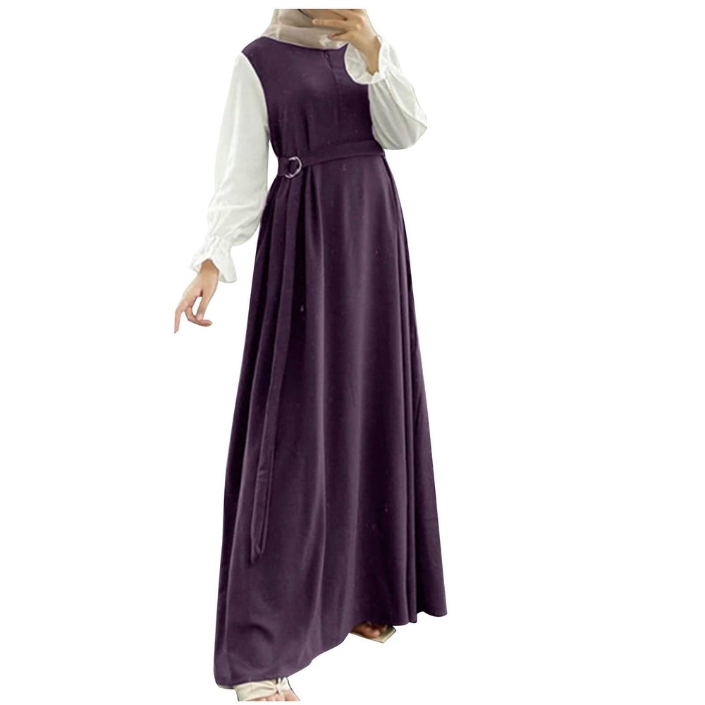 amaon Essentials Elegant Muslim Abaya Islamic Evening Gown Womens Casual Long Sleeve Plus Size Summer Loose Maxi Long Dress with Belt