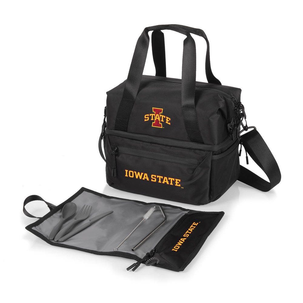 PICNIC TIME NCAA Iowa State Cyclones Tarana Lunch Bag Cooler with Utensils Made from Recycled Material, Lunch Box with Picnic Set, Upcycled Lunch Cooler Bag, (Carbon Black)