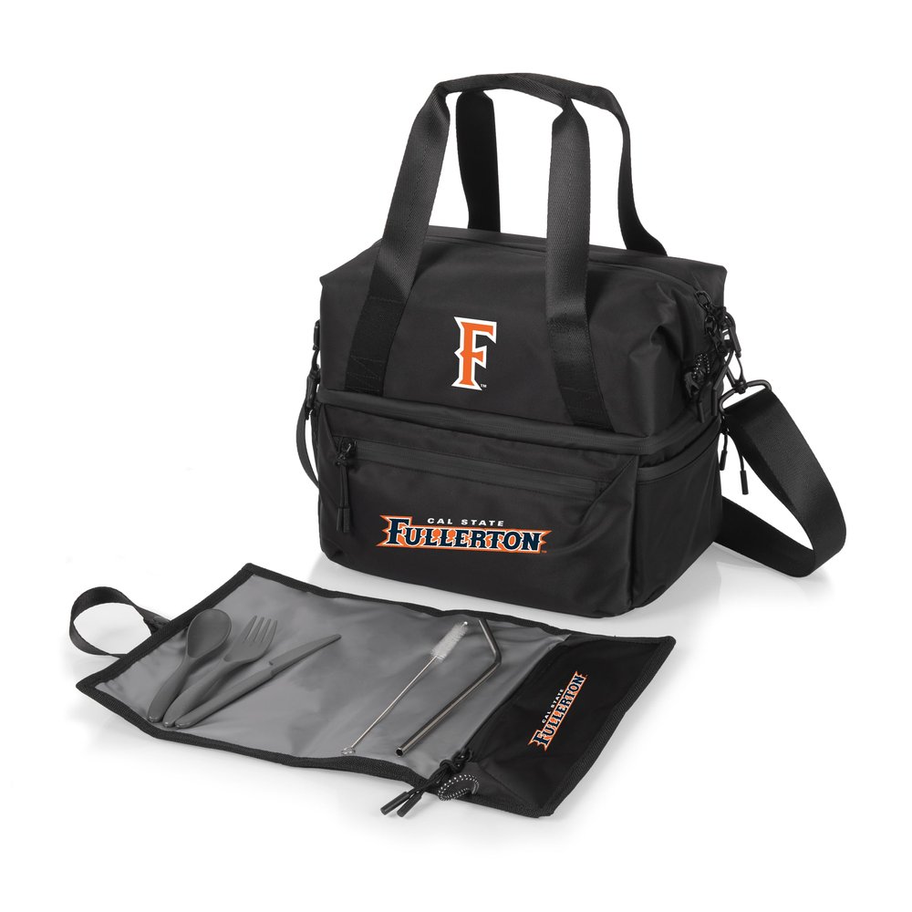 PICNIC TIME NCAA Cal State Fullerton Titans Tarana Lunch Bag Cooler with Utensils Made from Recycled Material, Lunch Box with Picnic Set, Upcycled Lunch Cooler Bag, (Carbon Black)