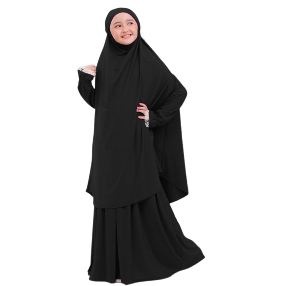 ABAFIP Kids Muslim Prayer Dress Girls Abaya with Hijab Full Cover Kaftan Loose Skirt 2 Piece Dubai Islamic Two-piece Outfits Black 18-24 Months