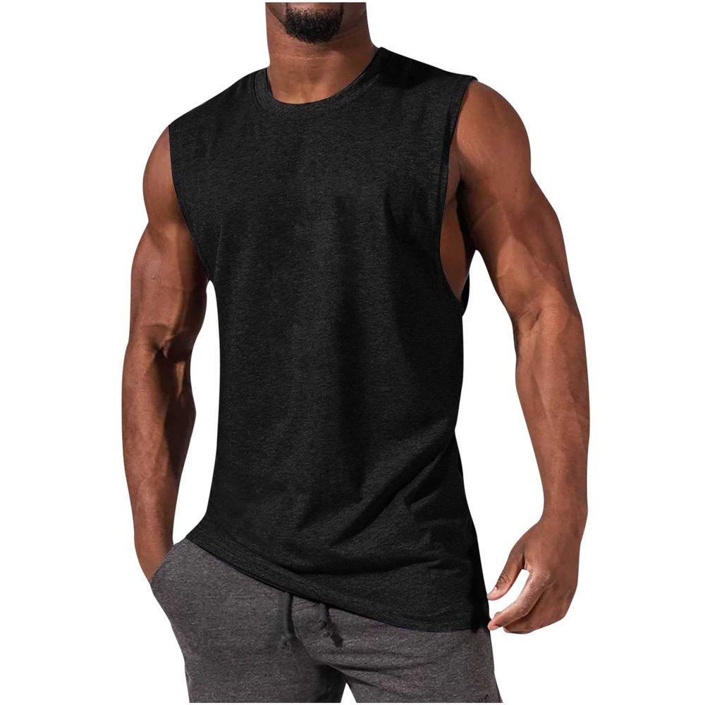Men's Sleeveless Workout Swim Shirt Quick Dry Athletic Running Gym Muscle Beach Tank Top Cut Off Undershirts Vest Black
