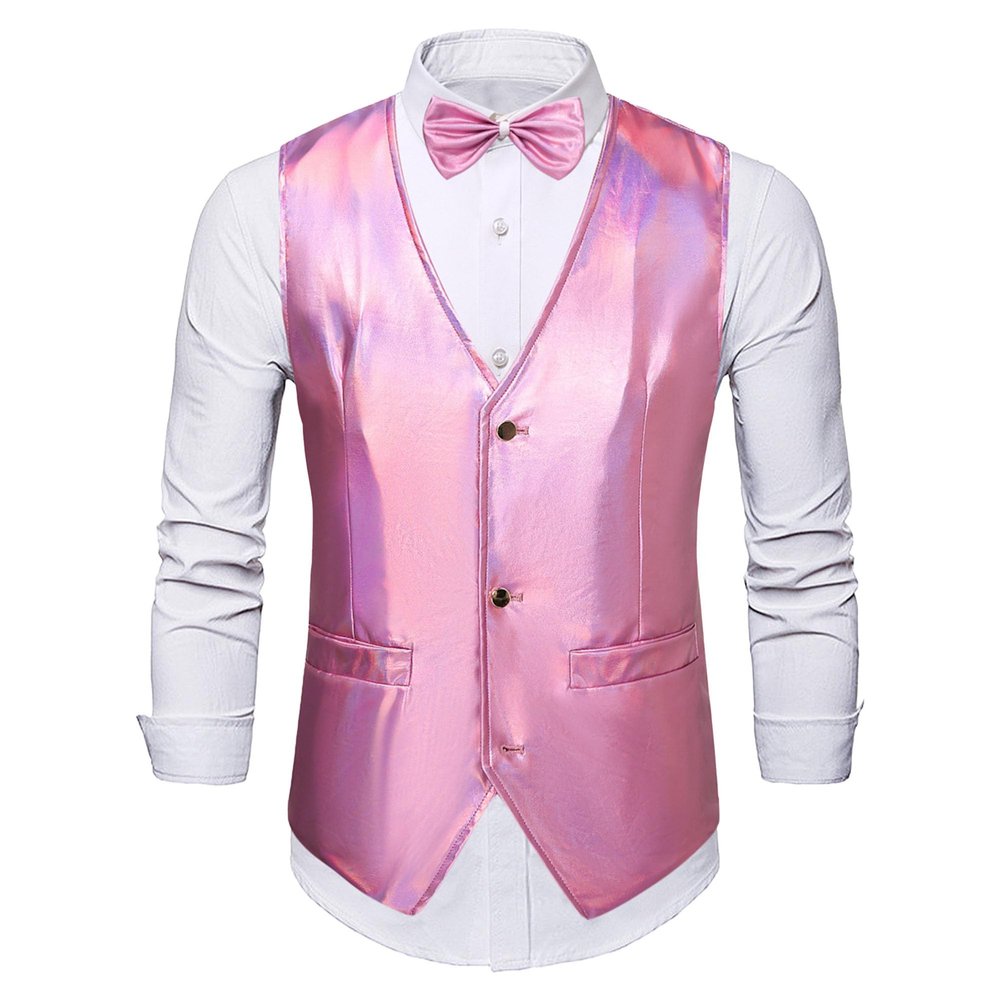 Men's Shiny Sequins Suit Vest Slim Fit Tuxedo Dress Waistcoat Bowtie Set Wedding Formal Prom Party Waistcoat (Pink,Small)