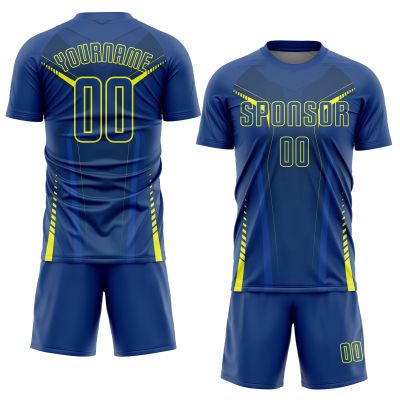 Personalized Round Neck Team Jerseys for Soccer Men/Women/Youth/Teen Boys Customized Navy Blue & Yellow Football T-Shirts and Shorts Casual Sets with Name Number Logo Printed