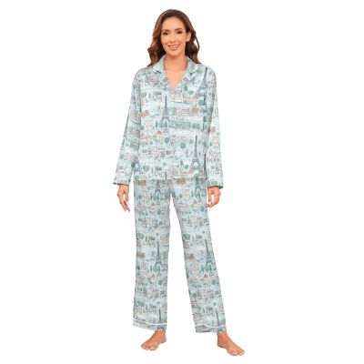 ALAZA Paris Eiffel Tower Castle Women's Satin Pajama Set Long Sleeve Button Down Sleepwear S