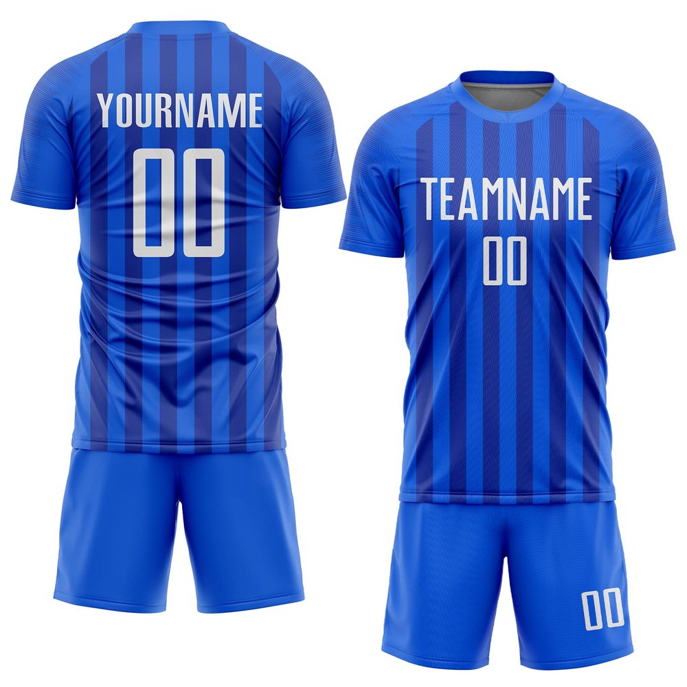 Personalized Blue Stripe Soccer T Shirts and Shorts Sets, Custom Sports Team Uniforms for Family Business, Design Soccer Jerseys with Print White Text Name Number
