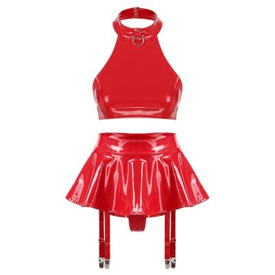 LiiYii Women's Faux Leather Shiny Outfits Halter Crop Top with Skirt for Holiday Party Performance Red Large