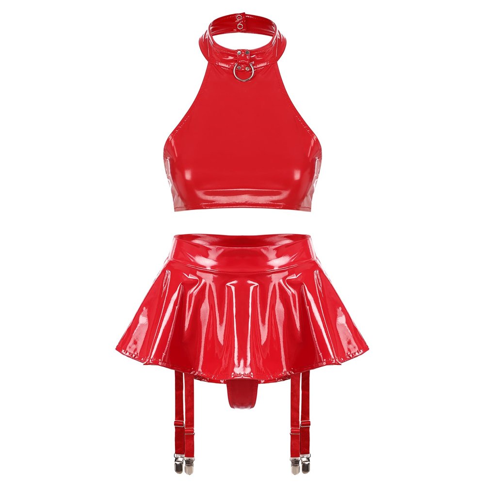 LiiYii Women's Faux Leather Shiny Outfits Halter Crop Top with Skirt for Holiday Party Performance Red Large