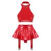LiiYii Women's Faux Leather Shiny Outfits Halter Crop Top with Skirt for Holiday Party Performance Red Large view 1