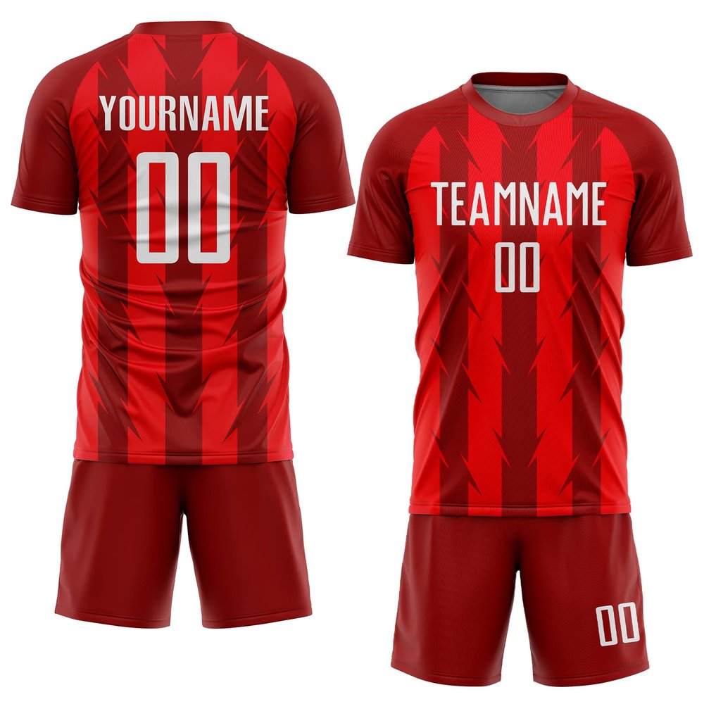 Customized Red Stripe Sports Soccer Jersey Set Personalized Round Neck Team Uniform Casual T-Shirts and Shorts with Name Number Logo Printed for Men/Women/Youth/Teen Boys Girls