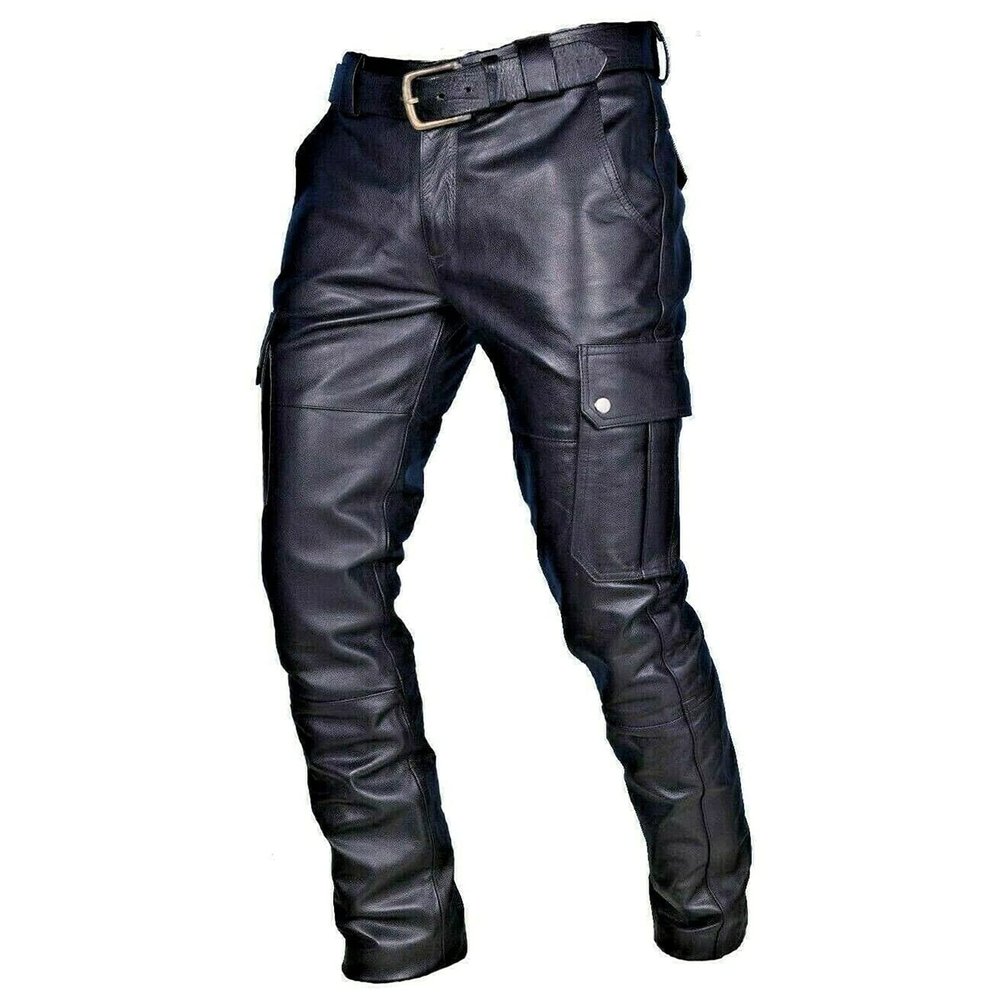 Men's Steampunk Stretchy Faux Leather Pants Slim Fit Motorcycle Biker Goth Pants Fashion Punk Retro Hip Hop Trousers Clubwear Black