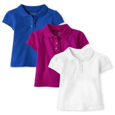 The Children's Place,Baby Girls,and Toddler Multipack Short Sleeve Ruffle Pique Polos,Renew Blue/White/Aurora Pink 3-Pack,2 Years