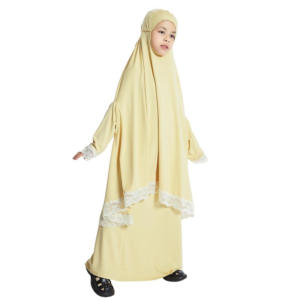 ABAFIP Abaya Dress for Kids Girls Muslim Kaftan Hijab Dubai Islamic Prayer Dress Baggy Long Sleeve Top Skirt 2 Piece Casual Outfits Set Light Yellow 4-5 Years